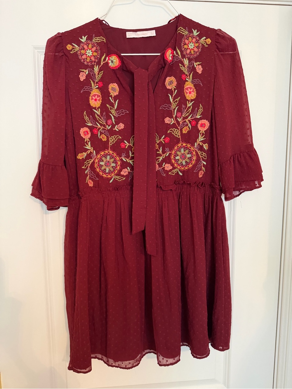 Zara Trafaluc Burgundy Floral Embroidered Chiffon Boho Dress